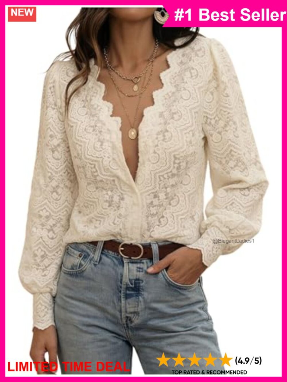 Women's Floral Lace Long Sleeve Peasant Blouse Sheer Mesh Button Up Top